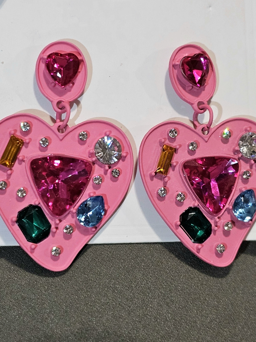 Y2K Barbiecore Pink Heart Gem Large LightwDangle Earrings Multicolor CZ Dopamine